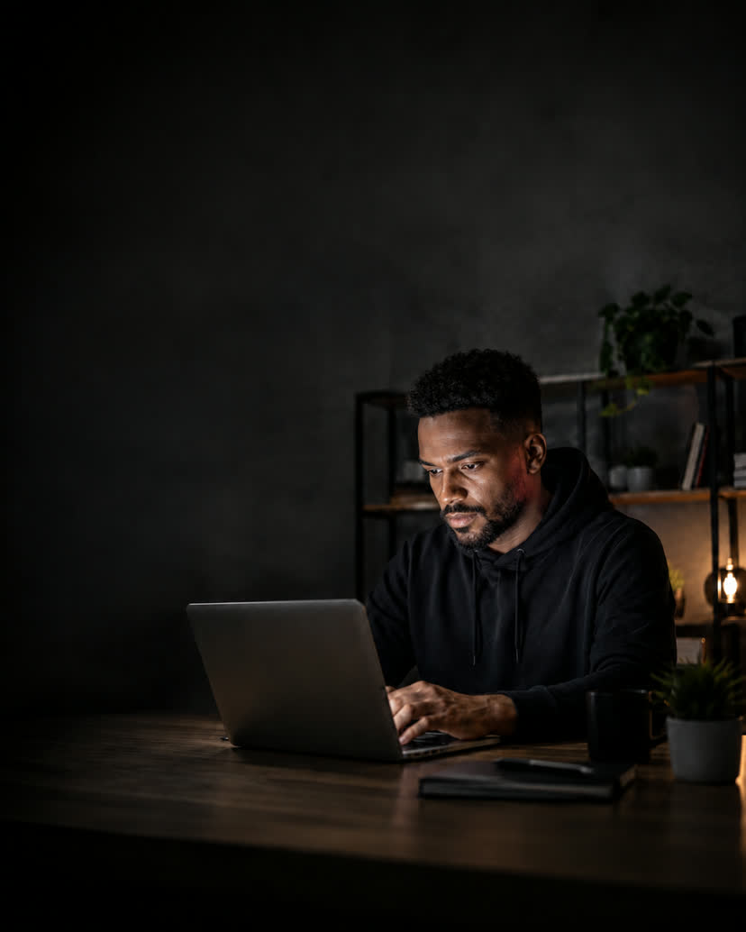 A learner working at a laptop late in the evening.